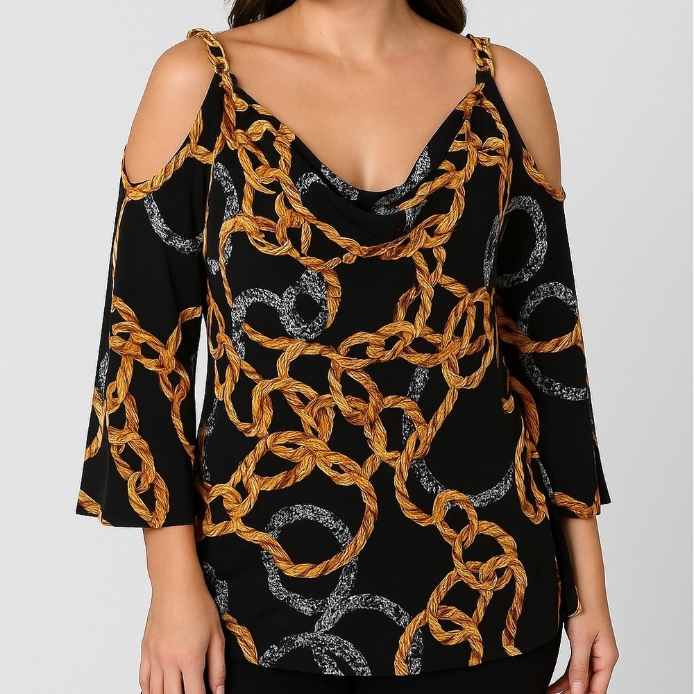 Muse Boston Proper Gold Chain Print Cold Shoulder Blouse Medium